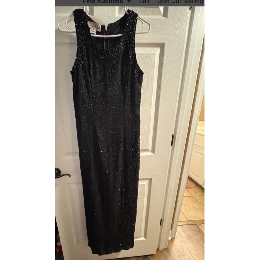 Vtg Laurence Kazar Silk Beaded Dress Womens Small Black Sequin Maxi Formal Gown